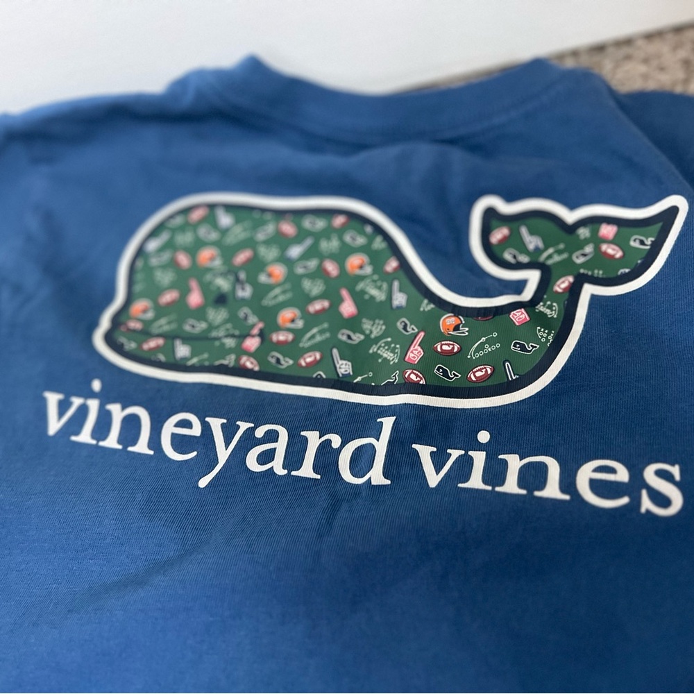 Vineyard Vines Blue Long Sleeve Tee with Green Whale Graphic